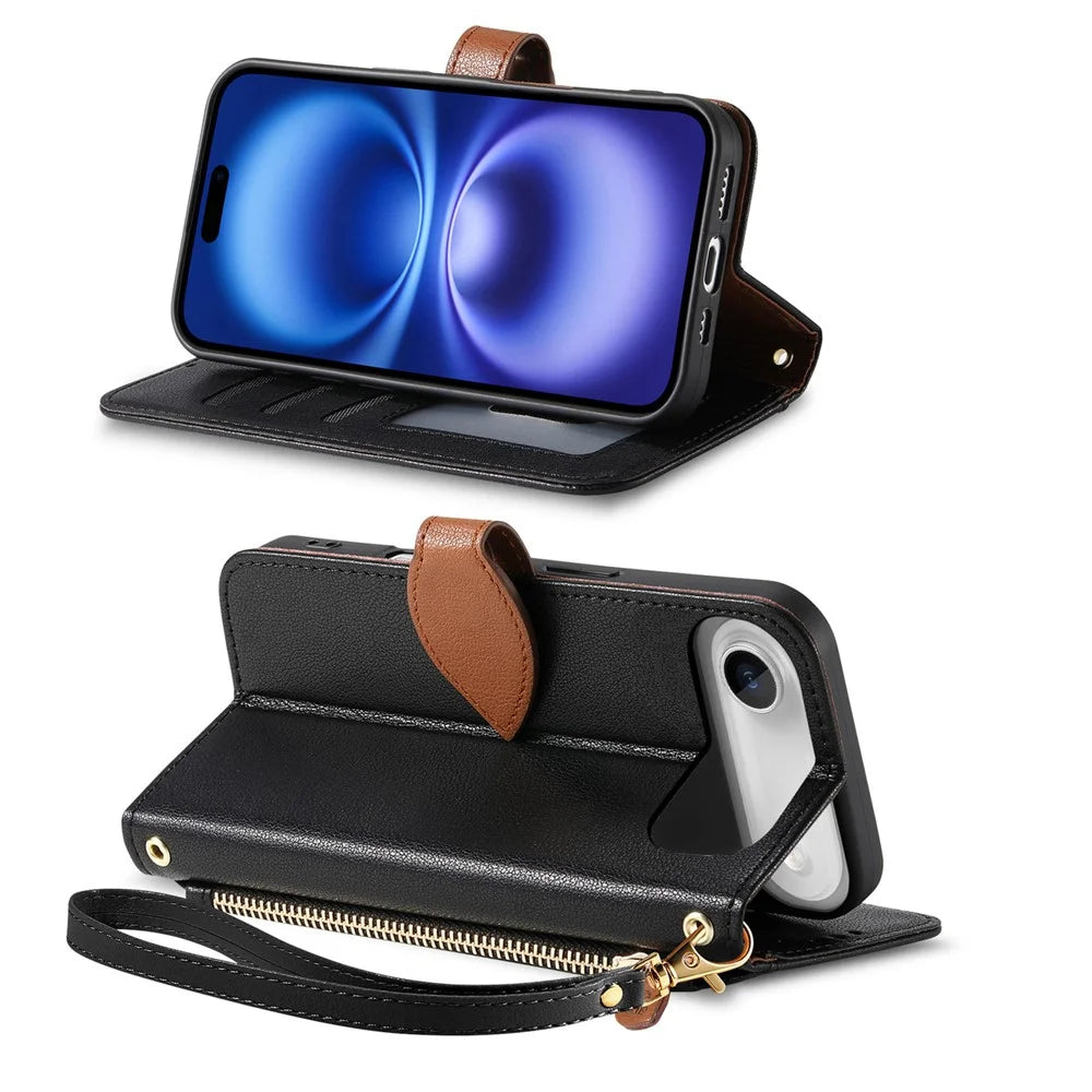 For iPhone Air Stand Case Leaf Shape Magnetic Clasp Leather Phone Cover with Hand Strap - Black - 3