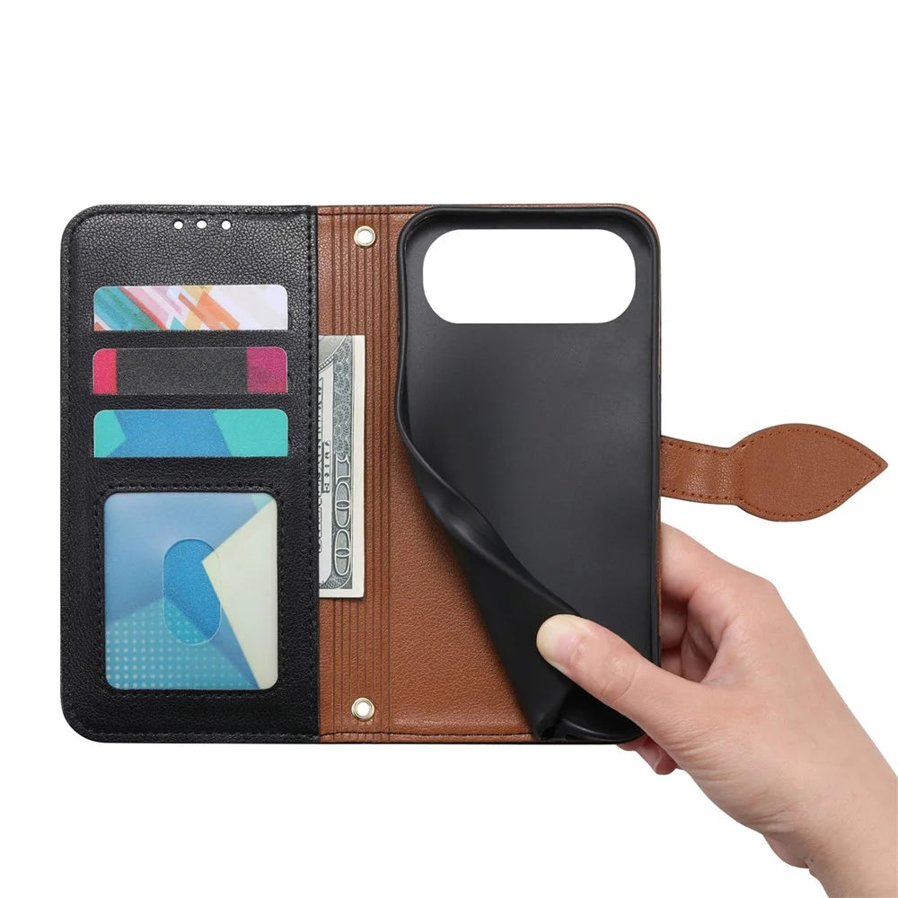 For iPhone Air Stand Case Leaf Shape Magnetic Clasp Leather Phone Cover with Hand Strap - Black - 4