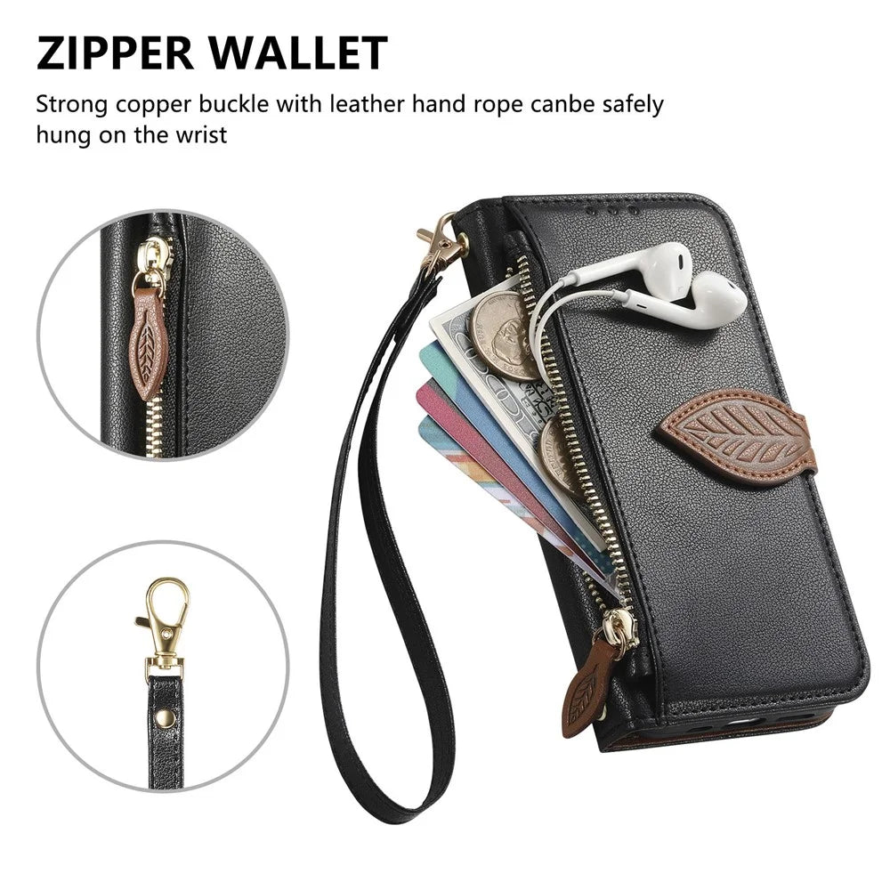 For iPhone Air Stand Case Leaf Shape Magnetic Clasp Leather Phone Cover with Hand Strap - Black - 5