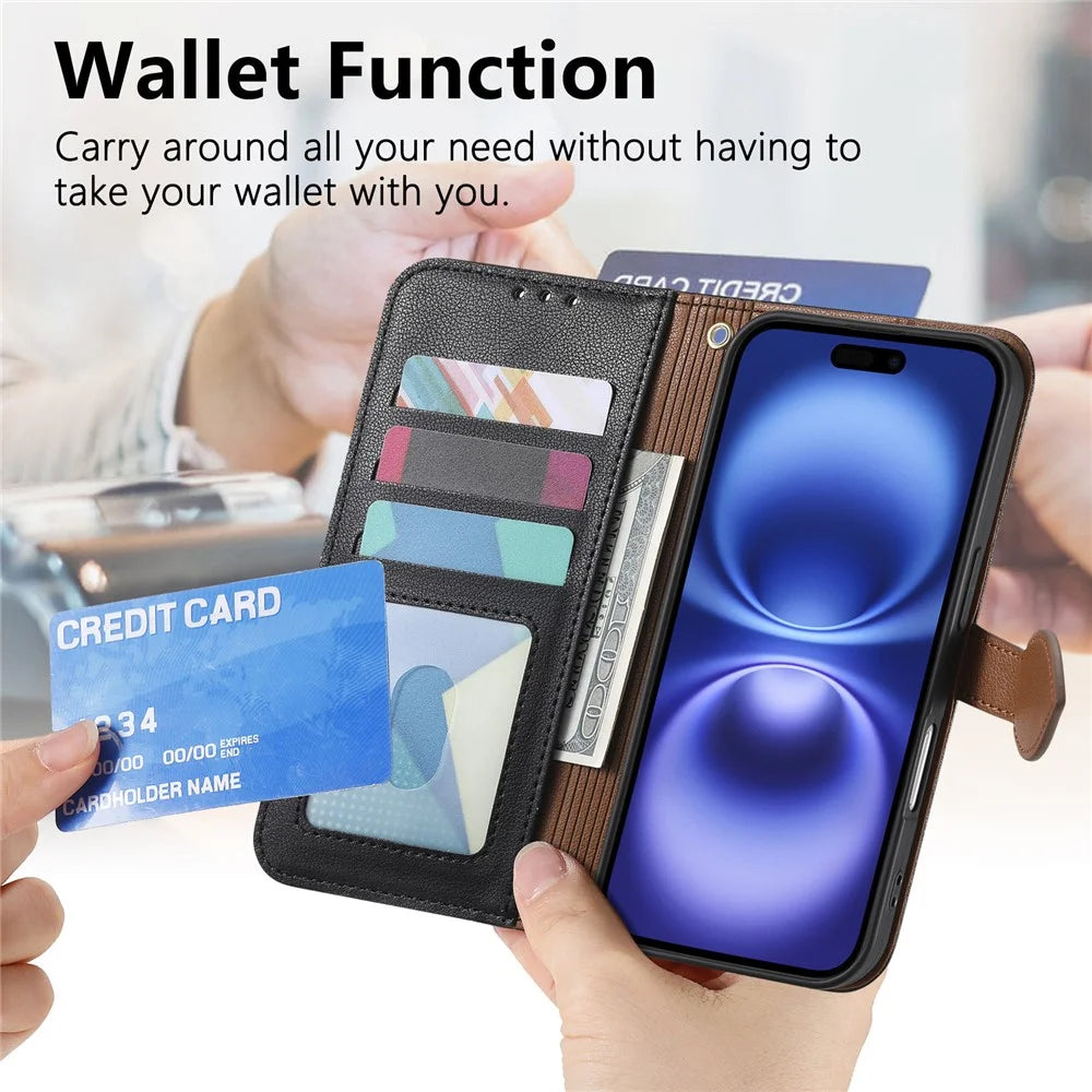 For iPhone Air Stand Case Leaf Shape Magnetic Clasp Leather Phone Cover with Hand Strap - Black - 6