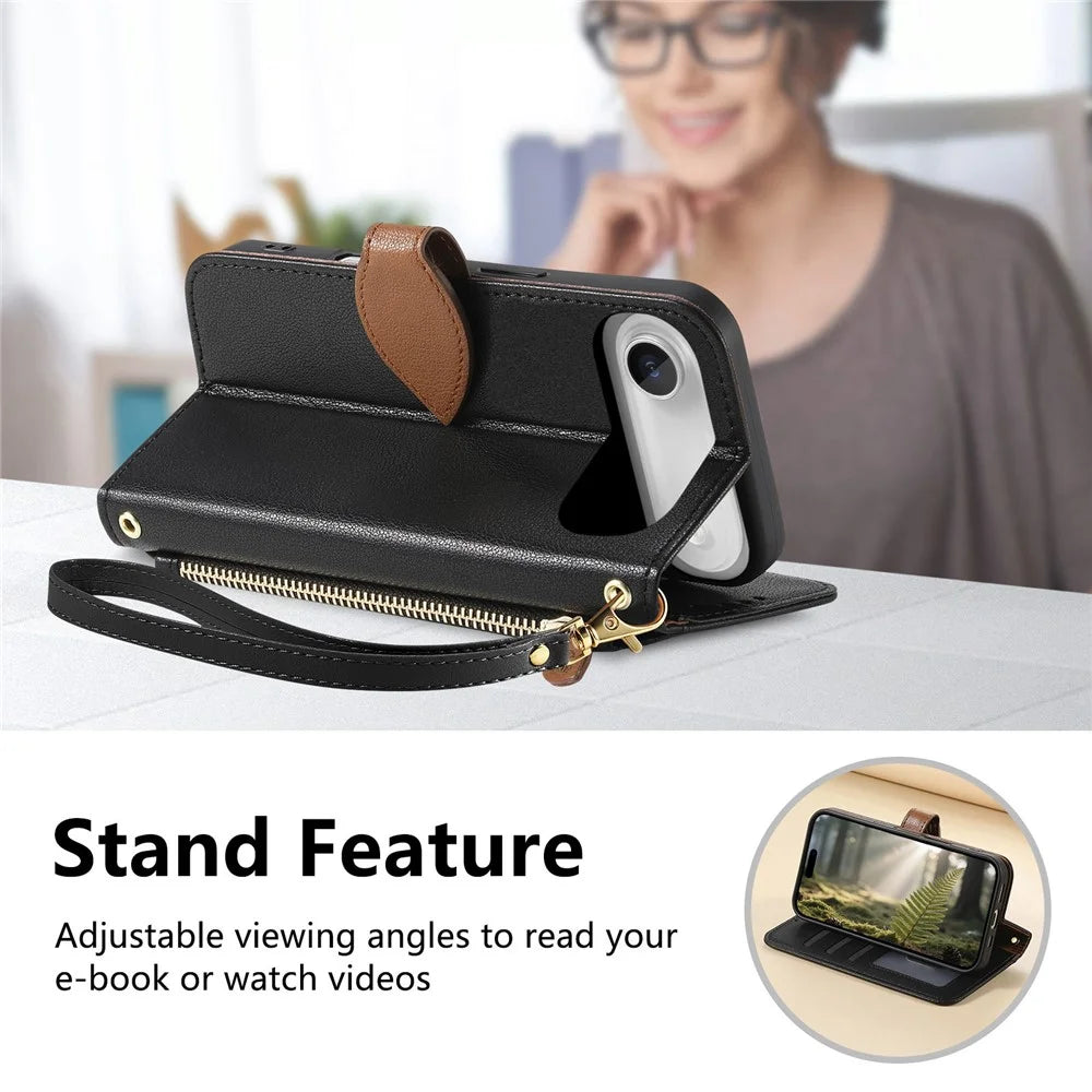 For iPhone Air Stand Case Leaf Shape Magnetic Clasp Leather Phone Cover with Hand Strap - Black - 7