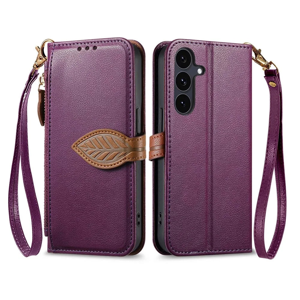 For Samsung Galaxy S25 Stand Case Leaf Shape Magnetic Clasp Leather Phone Cover with Hand Strap - Purple - 1