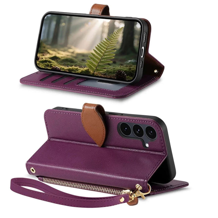 For Samsung Galaxy S25 Stand Case Leaf Shape Magnetic Clasp Leather Phone Cover with Hand Strap - Purple - 3