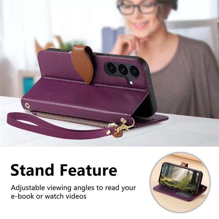 For Samsung Galaxy S25+ Stand Case Leaf Shape Magnetic Clasp Leather Phone Cover with Hand Strap - Purple - 7