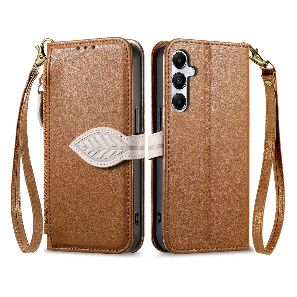 Stand Case for Samsung Galaxy A18 5G / A18 4G / A26 5G / A17 5G / A16 5G / A16 4G Leaf Shape Magnetic Clasp Leather Phone Cover with Hand Strap - Brown - 1