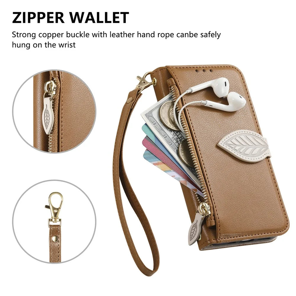 Stand Case for Samsung Galaxy A18 5G / A18 4G / A26 5G / A17 5G / A16 5G / A16 4G Leaf Shape Magnetic Clasp Leather Phone Cover with Hand Strap - Brown - 5