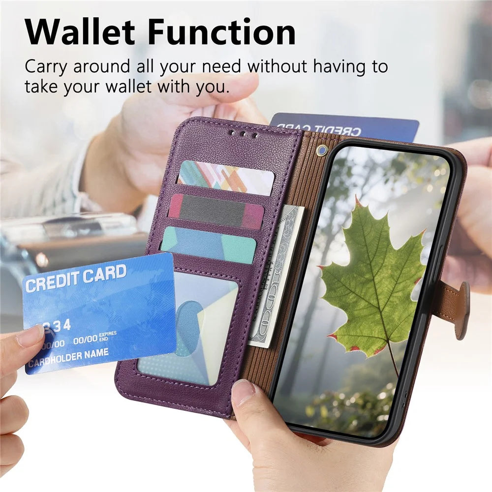 For Samsung Galaxy S24 FE Stand Case Leaf Shape Magnetic Clasp Leather Phone Cover with Hand Strap - Purple - 6