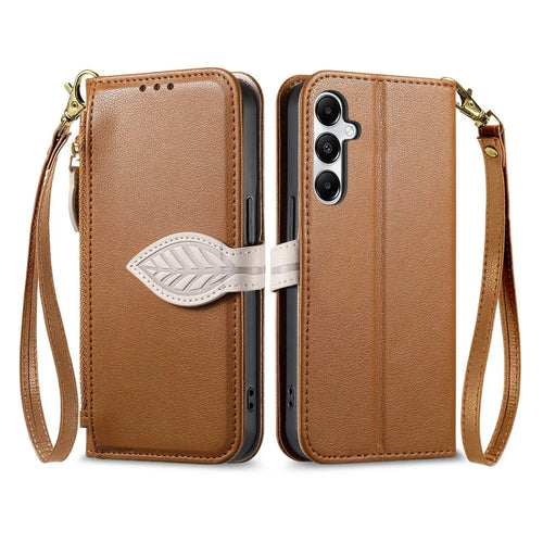 Stand Case for Samsung Galaxy A56 5G  /  Galaxy M56 5G Leaf Shape Magnetic Clasp Leather Phone Cover with Hand Strap - Brown - 1