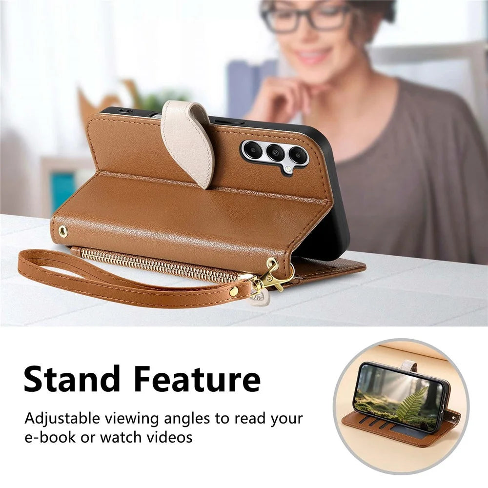 Stand Case for Samsung Galaxy A56 5G  /  Galaxy M56 5G Leaf Shape Magnetic Clasp Leather Phone Cover with Hand Strap - Brown - 7