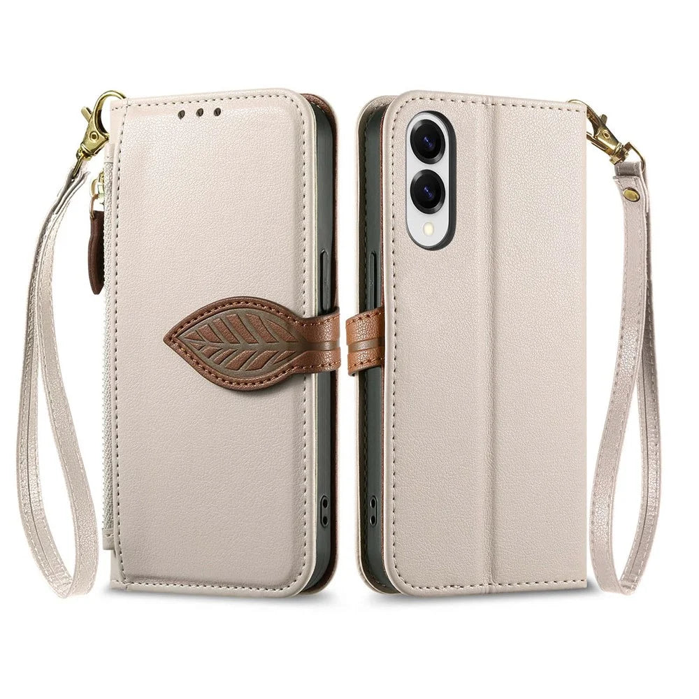 For Samsung Galaxy S25 Edge Stand Case Leaf Shape Magnetic Clasp Leather Phone Cover with Hand Strap - Beige - 1
