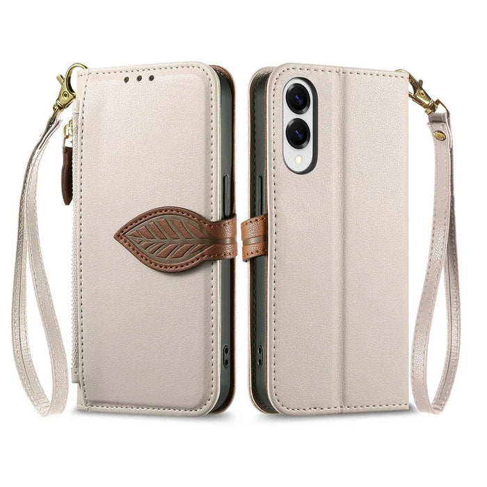 For Samsung Galaxy S25 Edge Stand Case Leaf Shape Magnetic Clasp Leather Phone Cover with Hand Strap - Beige - 1