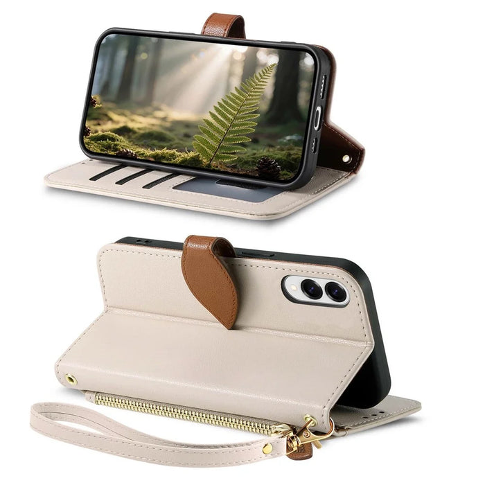 For Samsung Galaxy S25 Edge Stand Case Leaf Shape Magnetic Clasp Leather Phone Cover with Hand Strap - Beige - 3