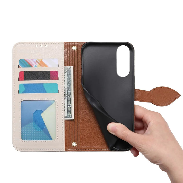 For Samsung Galaxy S25 Edge Stand Case Leaf Shape Magnetic Clasp Leather Phone Cover with Hand Strap - Beige - 4