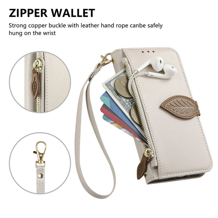 For Samsung Galaxy S25 Edge Stand Case Leaf Shape Magnetic Clasp Leather Phone Cover with Hand Strap - Beige - 5