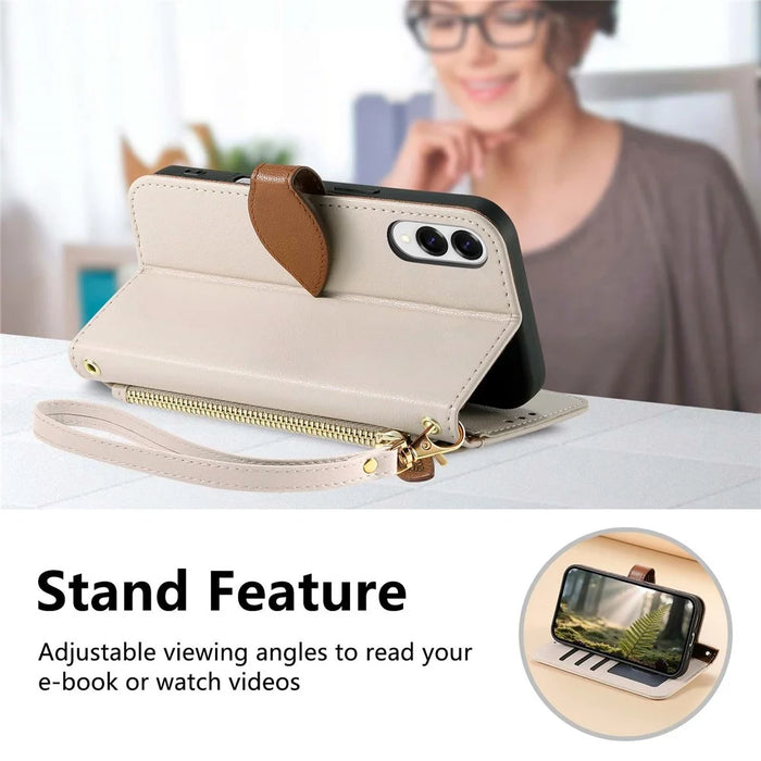 For Samsung Galaxy S25 Edge Stand Case Leaf Shape Magnetic Clasp Leather Phone Cover with Hand Strap - Beige - 7