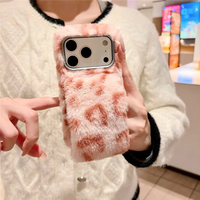 For iPhone 17 Pro Fluffy Phone Case Leopard Winter Warm Hand Strap TPU Cover - Pink - 2