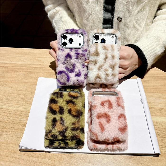 For iPhone 17 Pro Fluffy Phone Case Leopard Winter Warm Hand Strap TPU Cover - Pink - 5