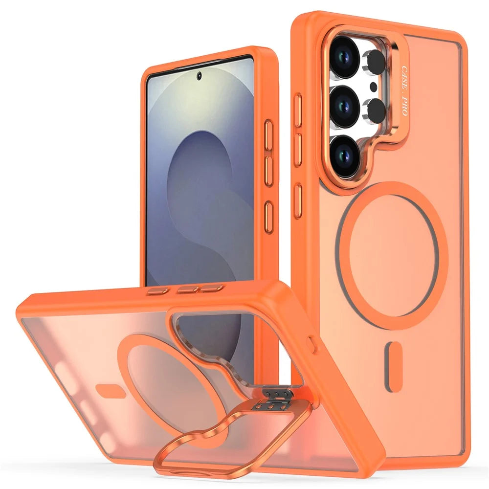 For Samsung Galaxy S26 Ultra Case Foldable Kickstand Matte PC + TPU Phone Cover Magnetic Case - Orange - 1