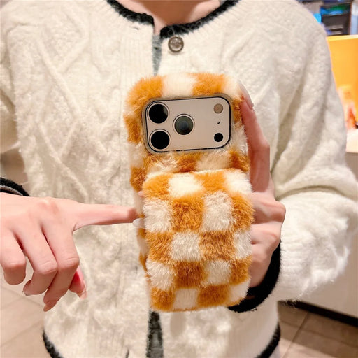 For iPhone 17 Pro Fluffy Phone Case Gird Winter Warm Hand Strap TPU Cover - White + Orange - 2