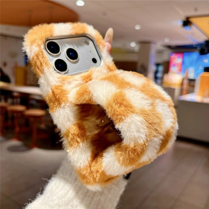 For iPhone 17 Pro Max Fluffy Phone Case Gird Winter Warm Hand Strap TPU Cover - White + Orange - 1