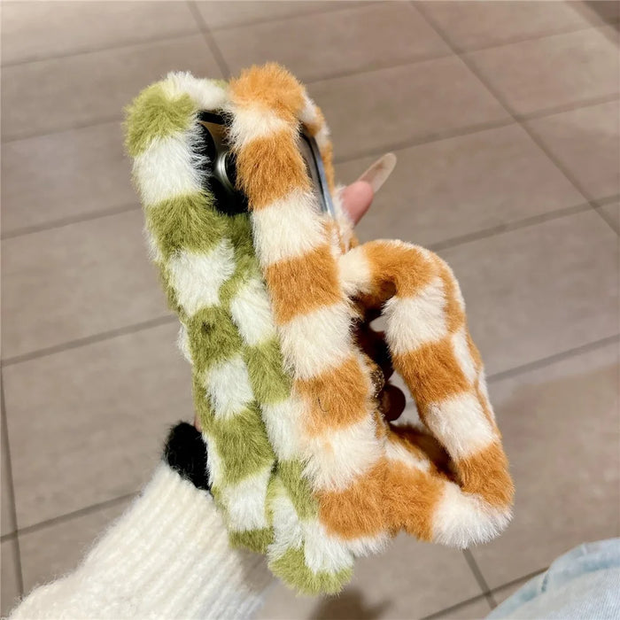 For iPhone 17 Pro Max Fluffy Phone Case Gird Winter Warm Hand Strap TPU Cover - White + Orange - 3