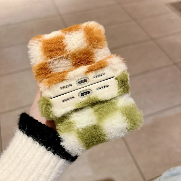 For iPhone 17 Pro Max Fluffy Phone Case Gird Winter Warm Hand Strap TPU Cover - White + Orange - 4