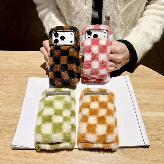 For iPhone 17 Pro Max Fluffy Phone Case Gird Winter Warm Hand Strap TPU Cover - White + Orange - 5