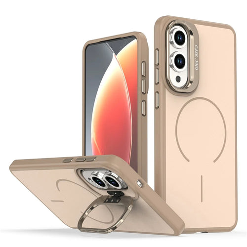 For Samsung Galaxy S25 Edge Case Skin-touch PC + TPU Magnetic Phone Cover with Lens Frame Kickstand - Desert Gold - 1