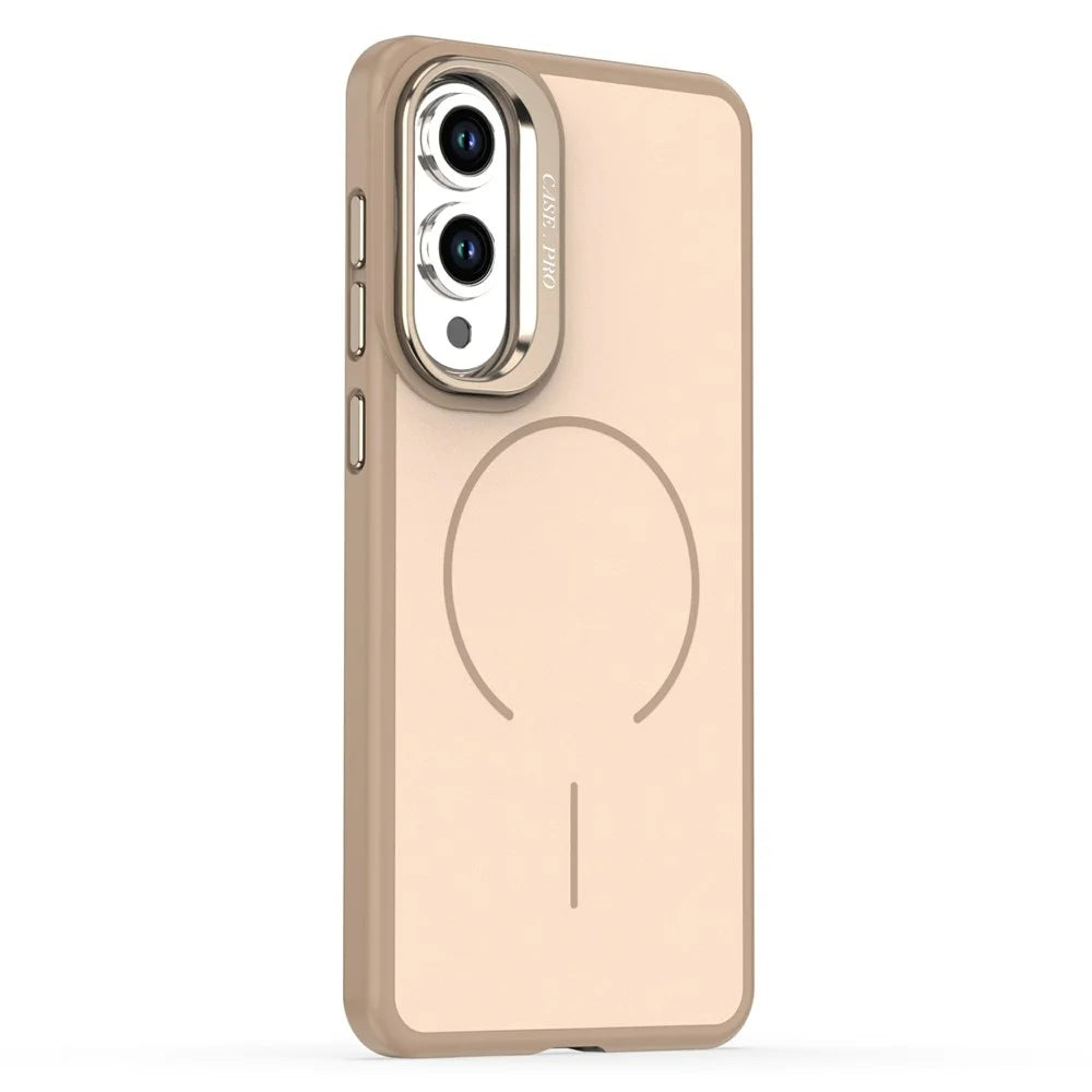 For Samsung Galaxy S25 Edge Case Skin-touch PC + TPU Magnetic Phone Cover with Lens Frame Kickstand - Desert Gold - 2