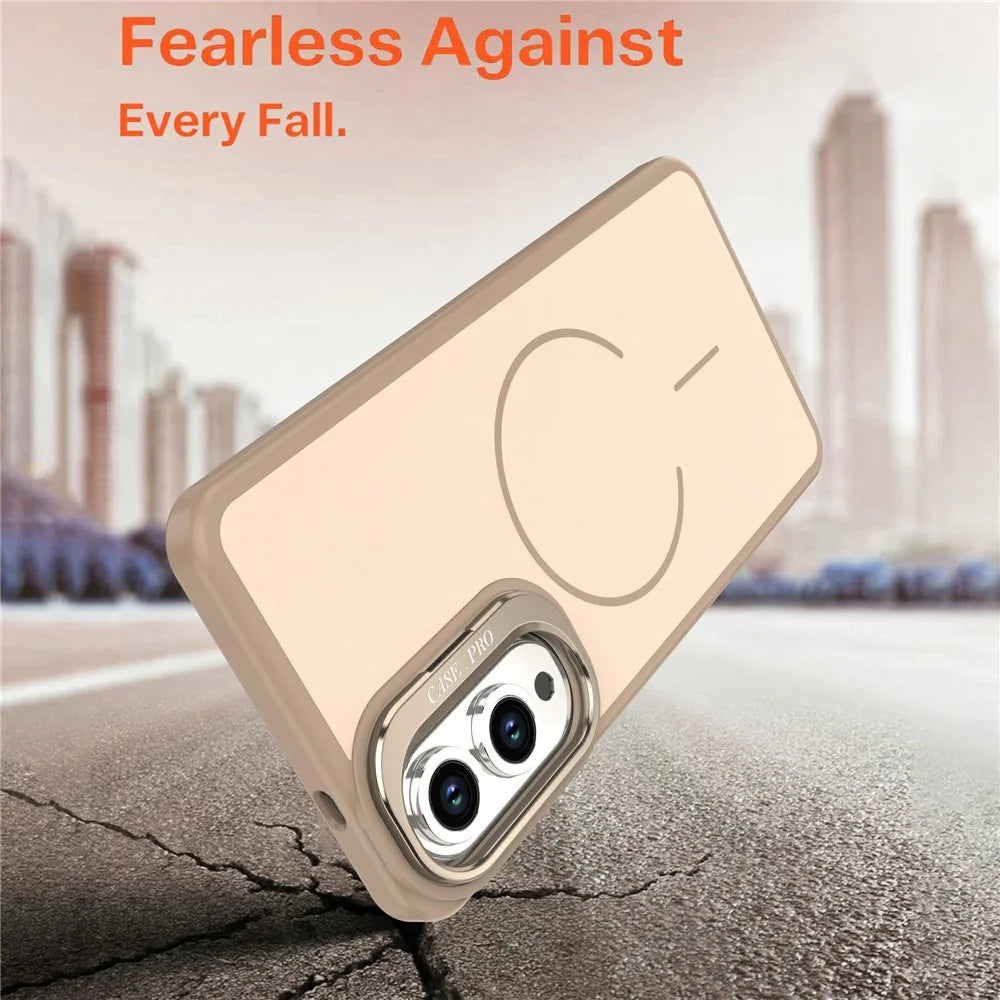 For Samsung Galaxy S25 Edge Case Skin-touch PC + TPU Magnetic Phone Cover with Lens Frame Kickstand - Desert Gold - 4