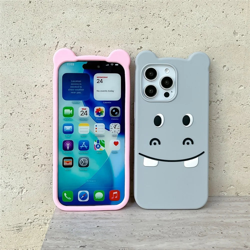 For iPhone 18 Pro Max / 17 Pro Max Silicone Case Cute Funny Hippo Design Shockproof Phone Back Cover - Pink - 4