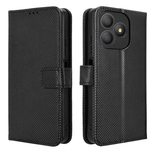 For Blackview Wave 9C Leather Wallet Case with Strap Diamond Texture Phone Cover - Black - 1