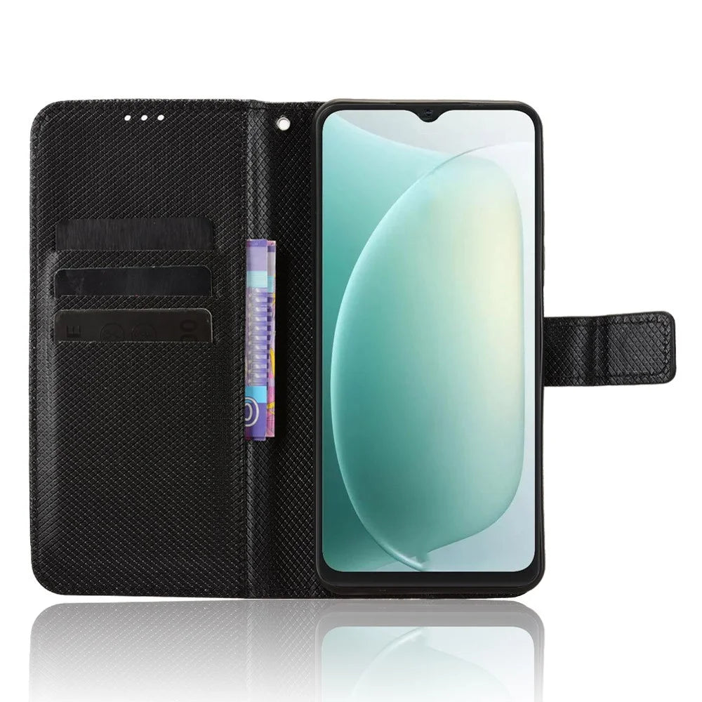For Blackview Wave 9C Leather Wallet Case with Strap Diamond Texture Phone Cover - Black - 2