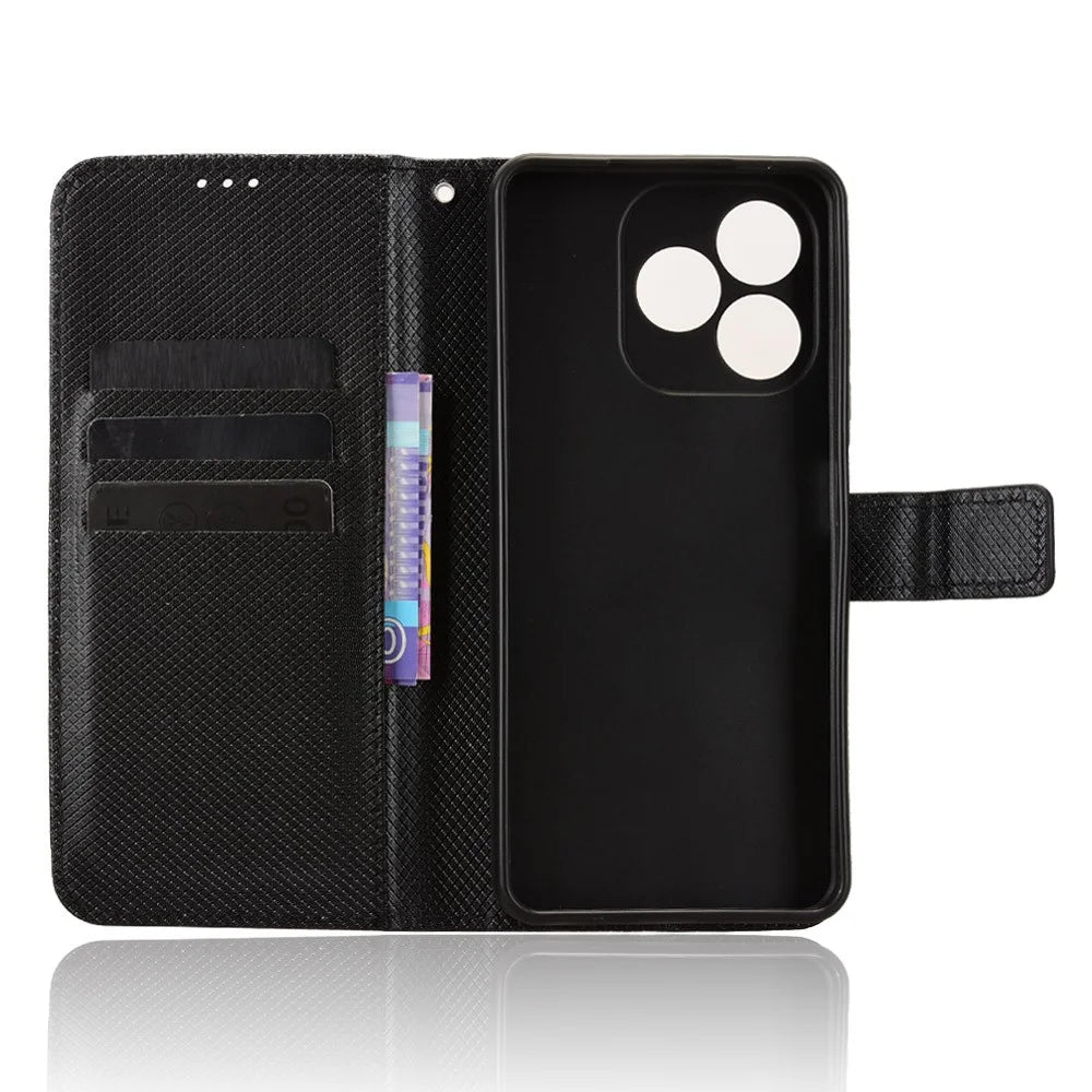 For Blackview Wave 9C Leather Wallet Case with Strap Diamond Texture Phone Cover - Black - 4