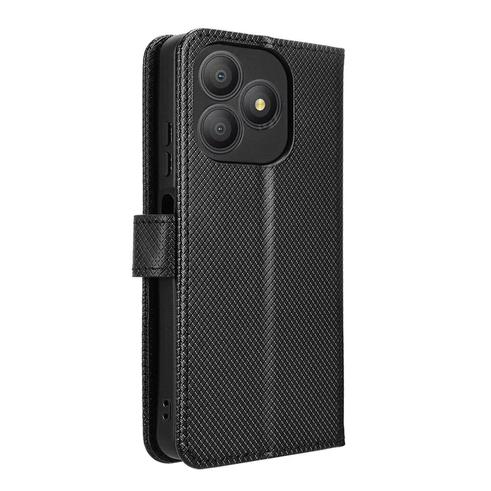 For Blackview Wave 9C Leather Wallet Case with Strap Diamond Texture Phone Cover - Black - 7