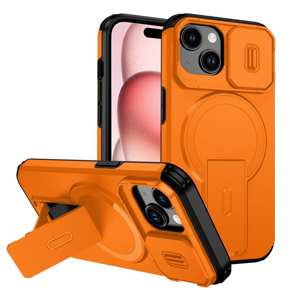 For iPhone 15 Case PC + TPU Kickstand Camera Slider Phone Cover Compatible with MagSafe - Orange - 1