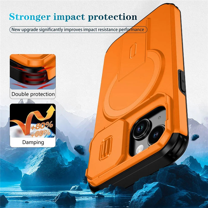 For iPhone 15 Case PC + TPU Kickstand Camera Slider Phone Cover Compatible with MagSafe - Orange - 2