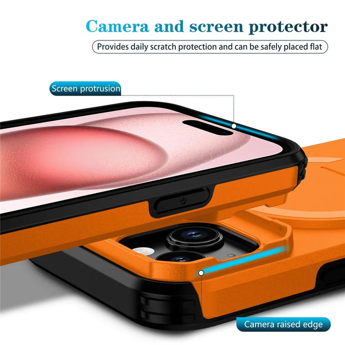 For iPhone 15 Case PC + TPU Kickstand Camera Slider Phone Cover Compatible with MagSafe - Orange - 3