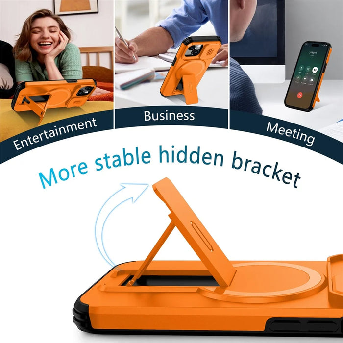 For iPhone 15 Case PC + TPU Kickstand Camera Slider Phone Cover Compatible with MagSafe - Orange - 4