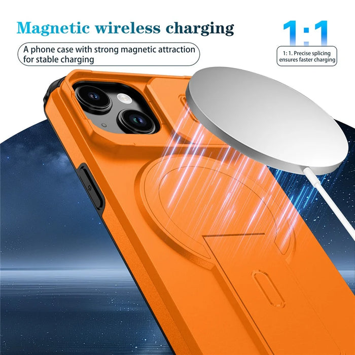 For iPhone 15 Case PC + TPU Kickstand Camera Slider Phone Cover Compatible with MagSafe - Orange - 6