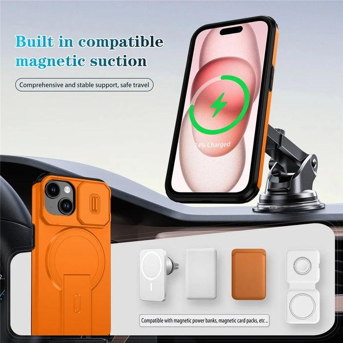 For iPhone 15 Case PC + TPU Kickstand Camera Slider Phone Cover Compatible with MagSafe - Orange - 7