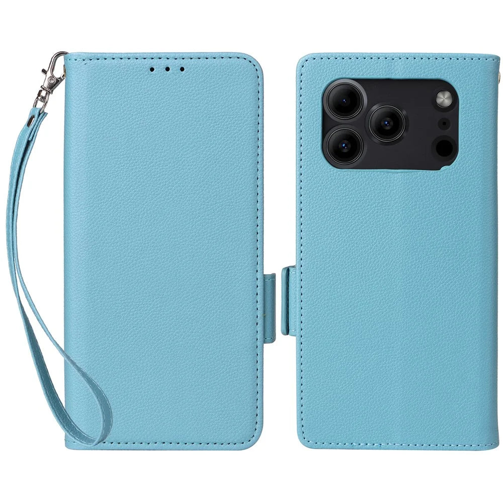 Leather Case for Doogee Note 56 / Note 56 Pro / Note 56 Plus Litchi Texture Wallet Phone Cover with Wrist Strap - Baby Blue - 1