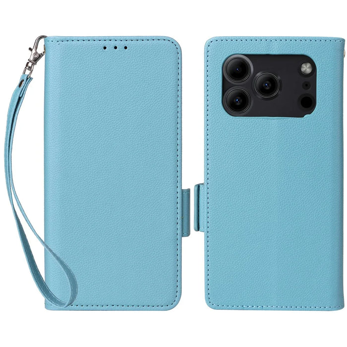 Leather Case for Doogee Note 56 / Note 56 Pro / Note 56 Plus Litchi Texture Wallet Phone Cover with Wrist Strap - Baby Blue - 1