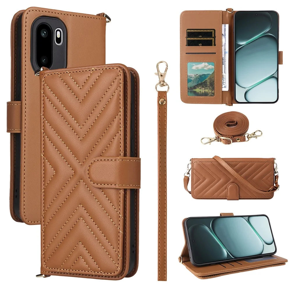 For OnePlus Ace 6 5G / 6T 5G / 15R 5G Leather Case Stand Wallet Phone Cover with Shoulder / Wrist Strap - Brown - 1