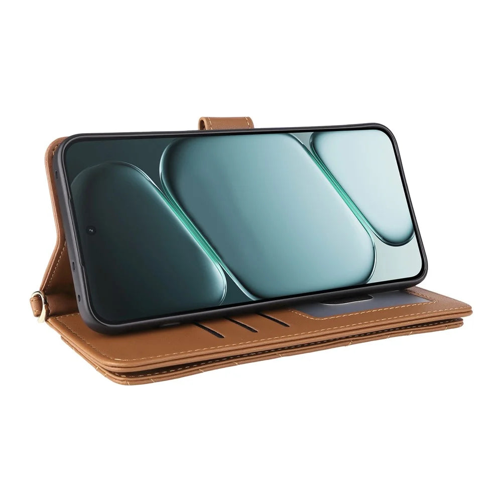 For OnePlus Ace 6 5G / 6T 5G / 15R 5G Leather Case Stand Wallet Phone Cover with Shoulder / Wrist Strap - Brown - 3