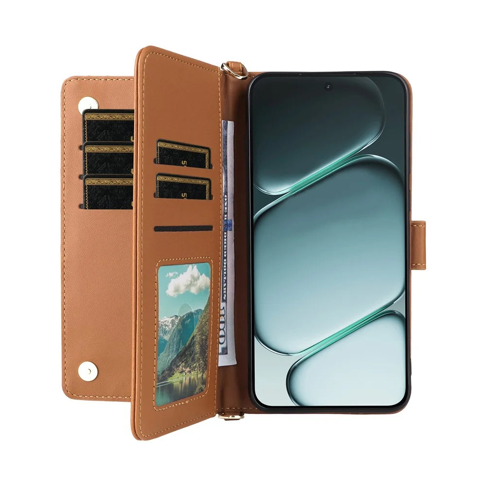 For OnePlus Ace 6 5G / 6T 5G / 15R 5G Leather Case Stand Wallet Phone Cover with Shoulder / Wrist Strap - Brown - 5