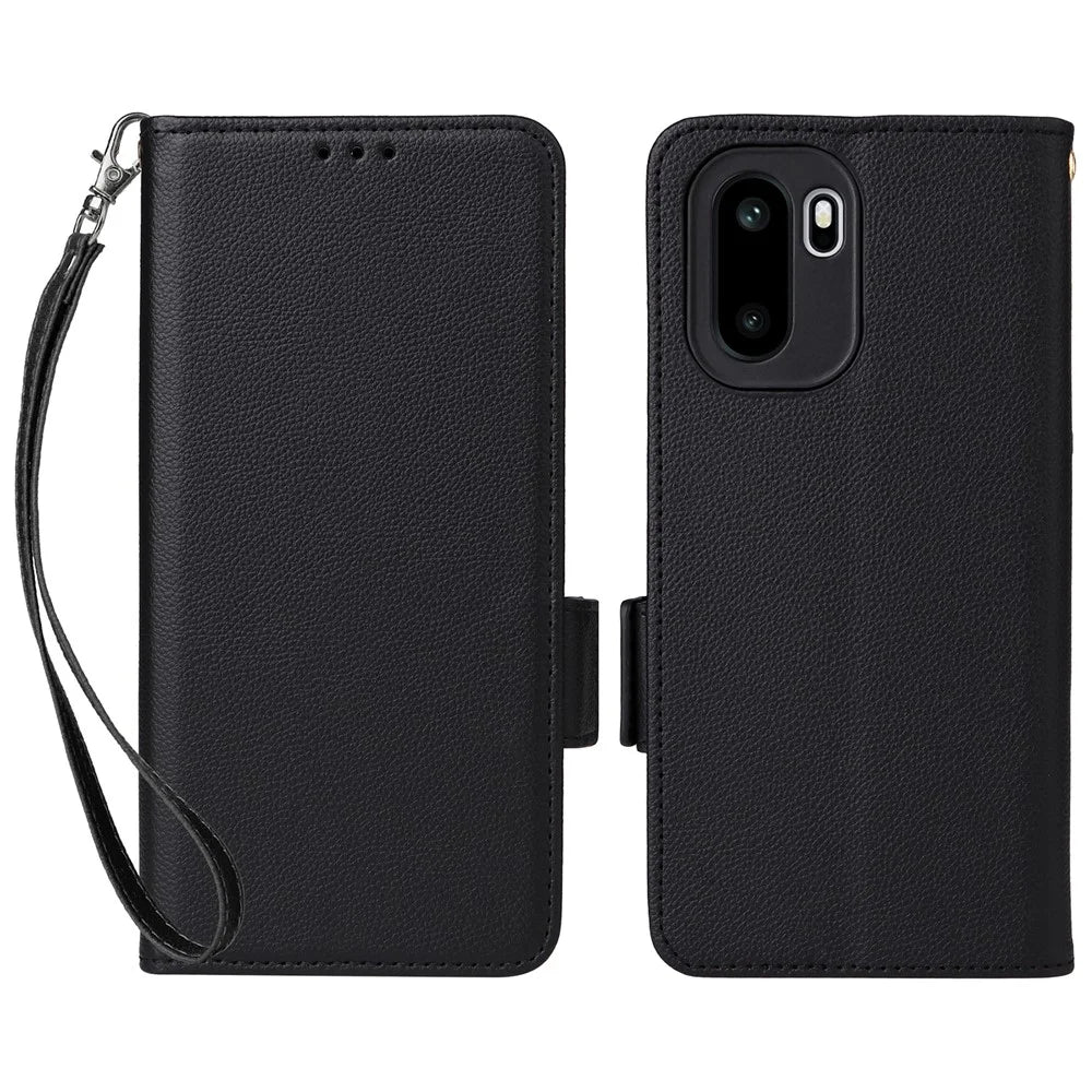 For OnePlus Ace 6 5G / 6T 5G / 15R 5G Case Litchi Texture Wallet Leather Phone Cover with Wrist Strap - Black - 1