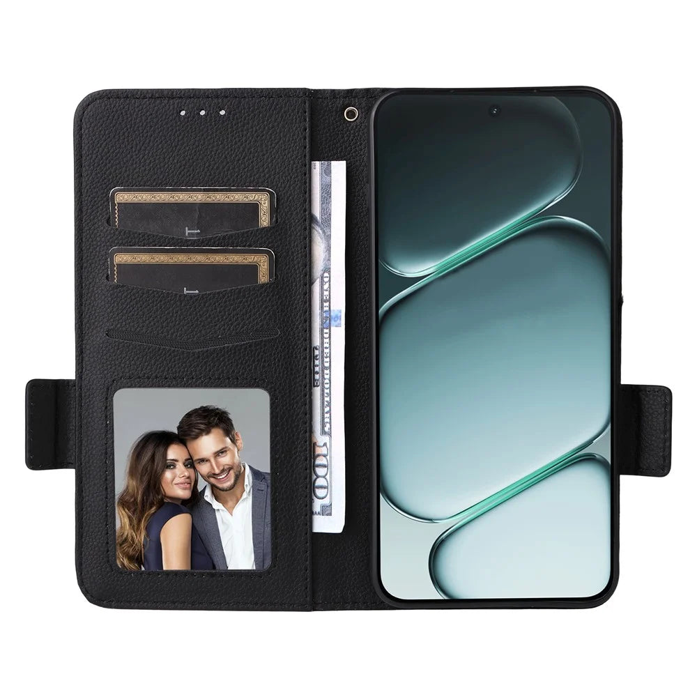 For OnePlus Ace 6 5G / 6T 5G / 15R 5G Case Litchi Texture Wallet Leather Phone Cover with Wrist Strap - Black - 2