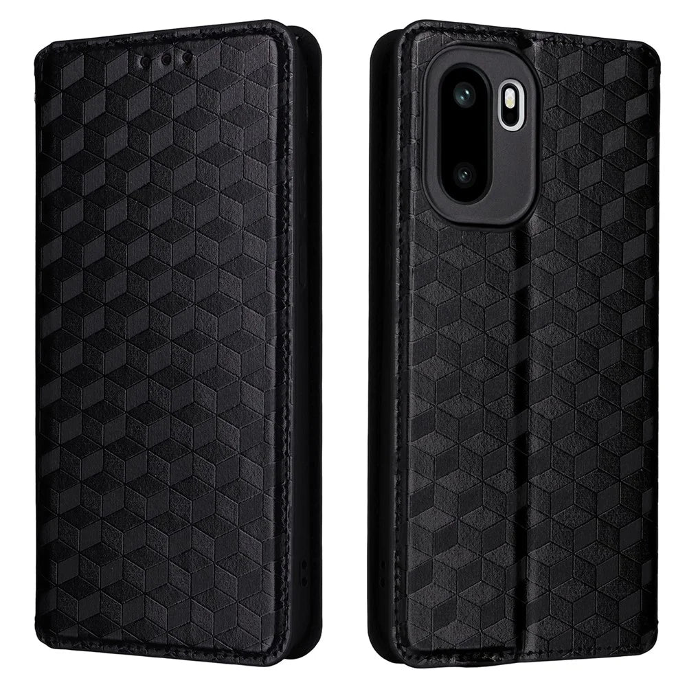 For OnePlus Ace 6 5G / 6T 5G / 15R 5G Case Wallet Rhombus Imprinted PU Leather Phone Cover - Black - 1