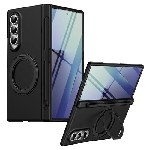 For Samsung Galaxy Z Fold4 5G Rotary Kickstand PC Phone Cover with Tempered Glass Film / Stylus - Black - 1